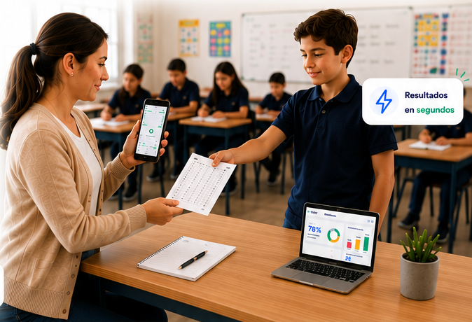 Profesora usando celular para revisar una hoja de respuestas con Tickly